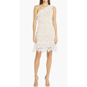 Donna Morgan White Floral Crochet Tan Lined One Shoulder Ruffle Mini Dress Sz 10